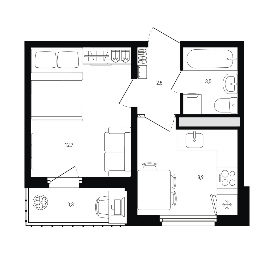 1 комнатная квартира № 100
