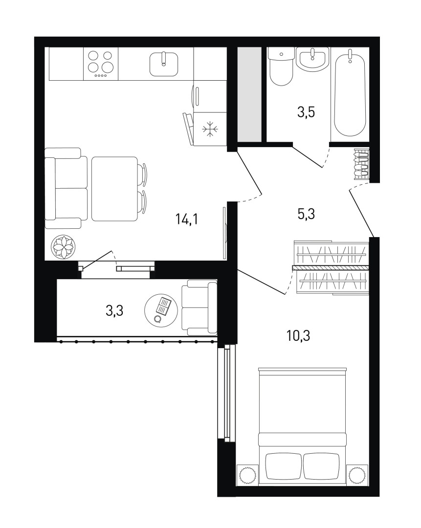 1 комнатная квартира № 386