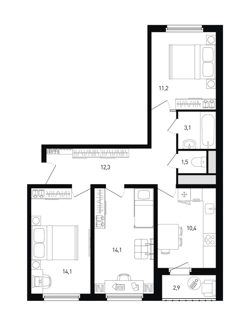 3 комнатная квартира № 91