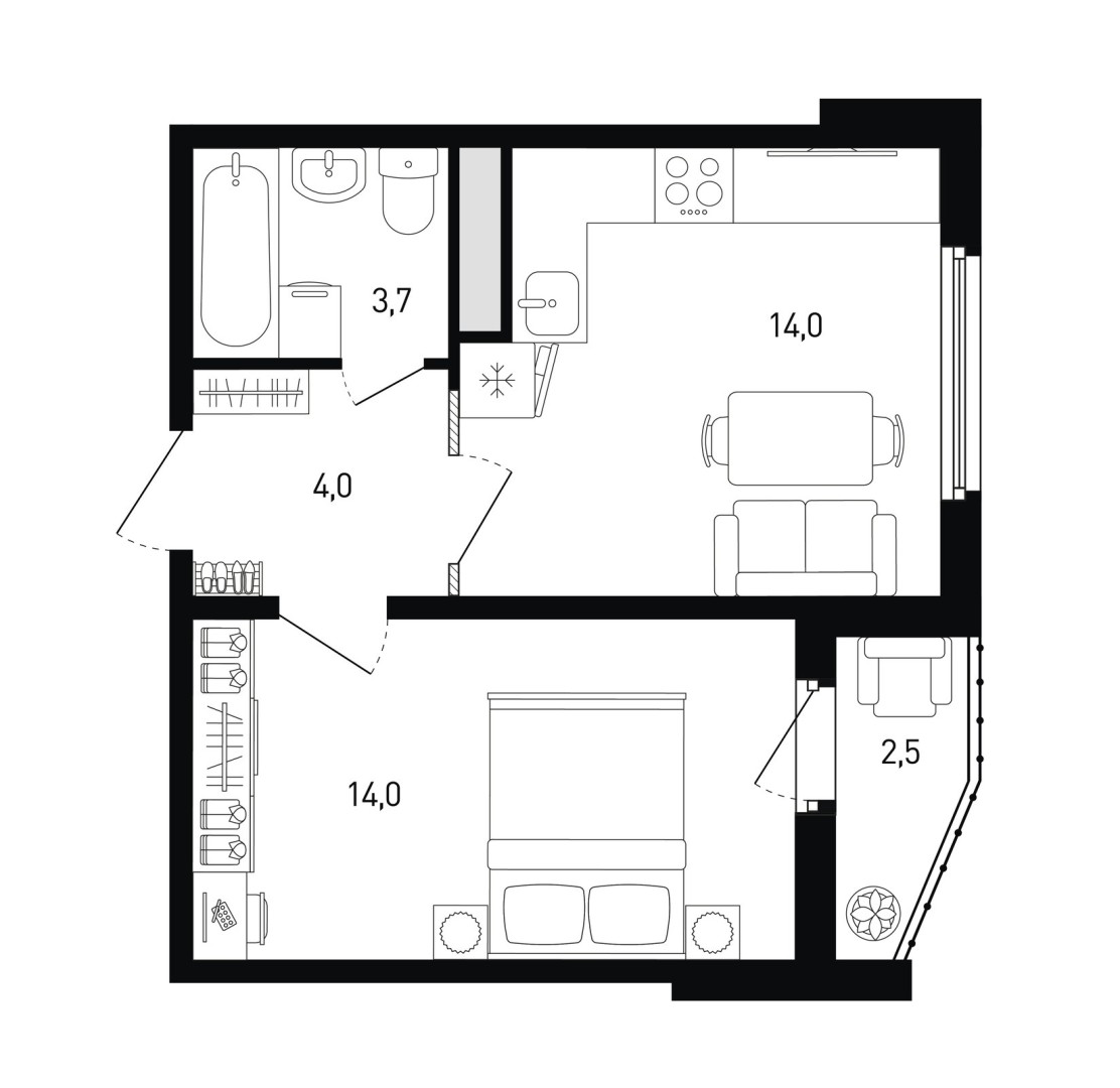 1 комнатная квартира № 187