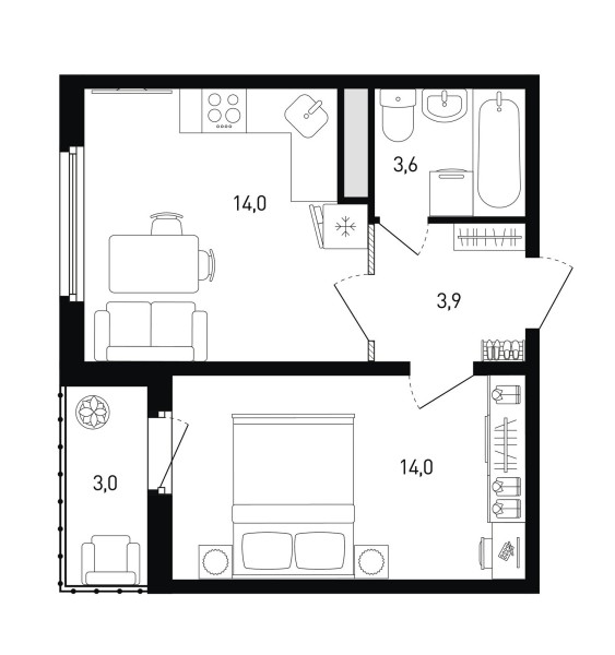 1 комнатная № 244