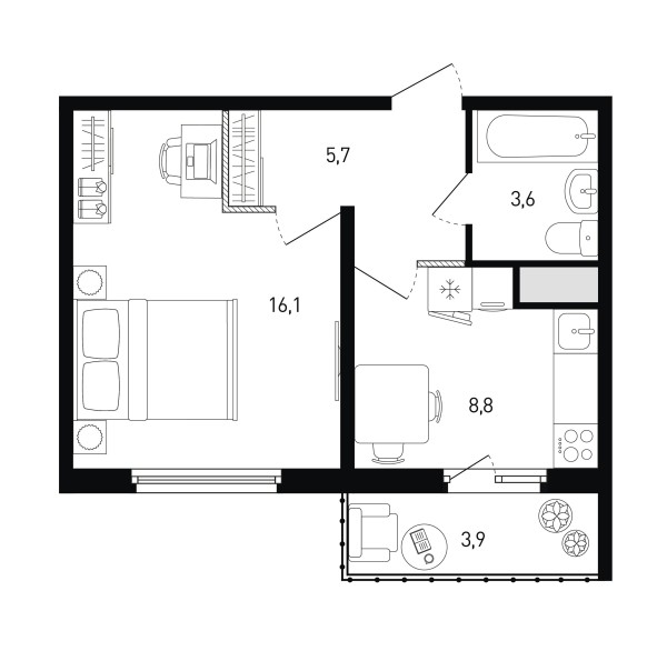 1 комнатная № 348