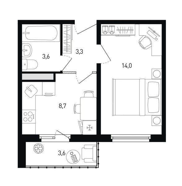 1 комнатная № 221