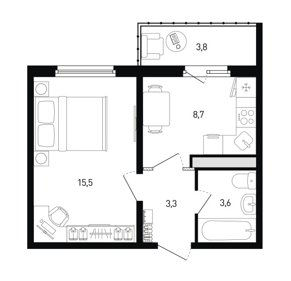 1 комнатная № 366